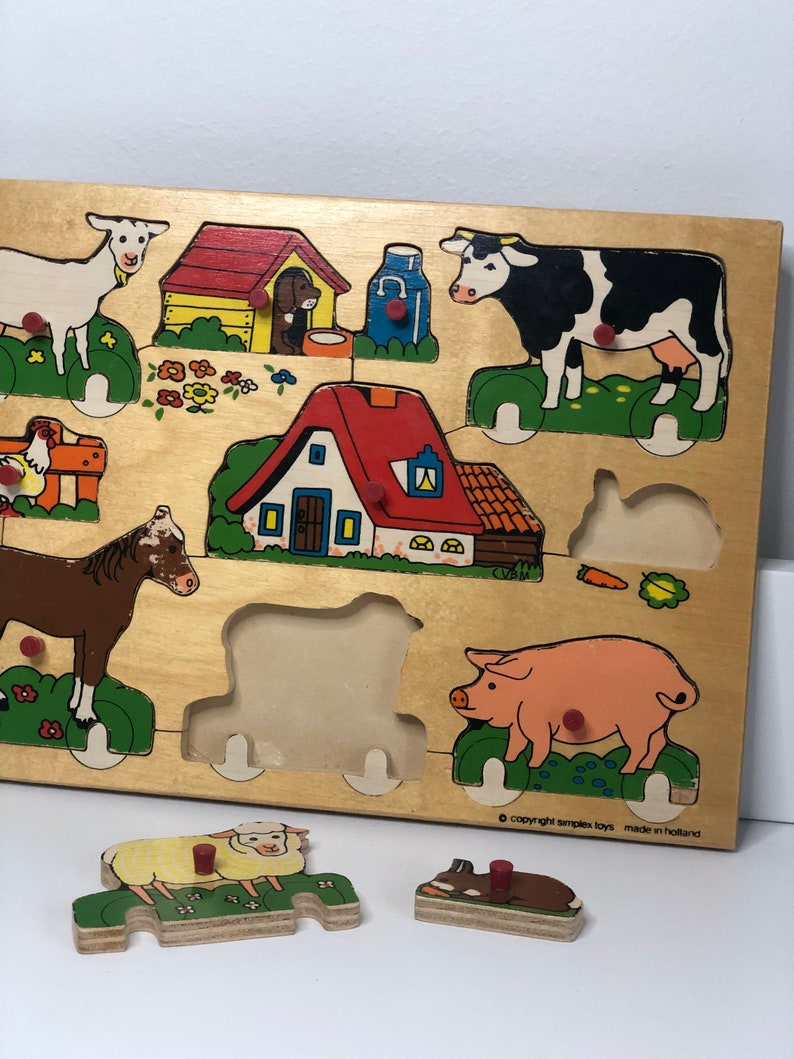 Simplex Vintage Wooden puzzle made in Holland 1950s retro puzzle , nursery decor, toddler toy with farmhouse animals and farmer image 4