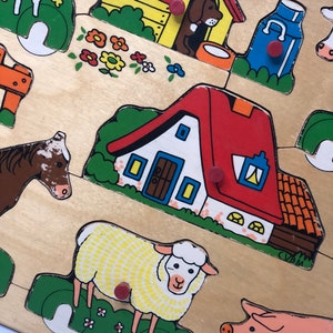 Simplex Vintage Wooden puzzle made in Holland 1950s retro puzzle , nursery decor, toddler toy with farmhouse animals and farmer image 3