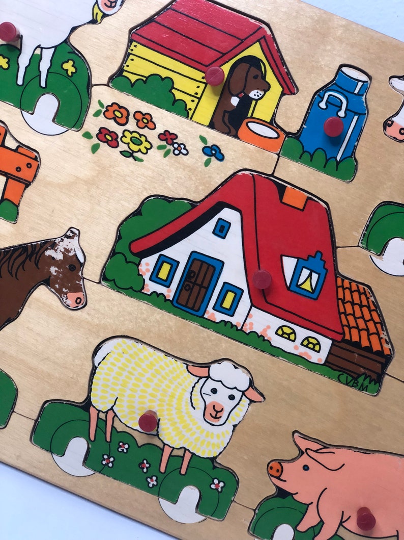 Simplex Vintage Wooden puzzle made in Holland 1950s retro puzzle , nursery decor, toddler toy with farmhouse animals and farmer image 3