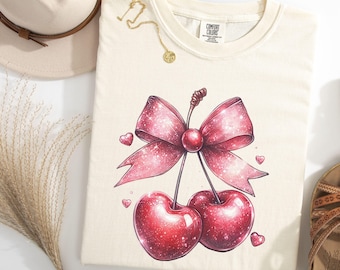 Camisa coqueta con cerezas y corazones para San Valentín, camisa coqueta con lazo, camisa retro con cerezas, camisa moderna con cerezas, regalo de San Valentín con cerezas y lazo