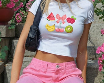 Fruit Graphic Baby Tee Fruit And Bow Design Fitted Shirt , Y2K 90s Baby Tee, Cute Baby tee, Girl Summer 90S , Y2K Trendy Retro Shirt