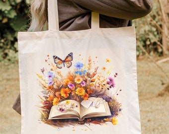 Floral Botanical Tote, Book Lover Tote Bag, Trendy Flower Shoulder Bag, Shoulder Bag, Women Gift Bag, Shopping Tote Bag, Vintage Floral Bag