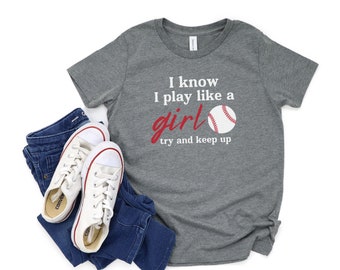 Ich weiß, ich spiele wie ein Mädchen versuche, T-Shirt, lustiges Softball Shirt für Mädchen, Mädchen Softball Spieler Geschenk, Mädchen Softball Team Shirt zu halten