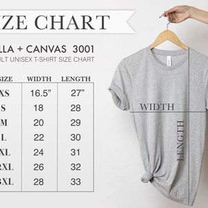 May include: Size chart for Bella + Canvas 3001 adult unisex t-shirts. The chart shows the width and length measurements in inches for sizes XS to 3XL.