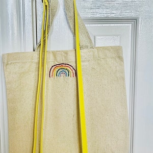 Hand embroidered rainbow canvas tote bag