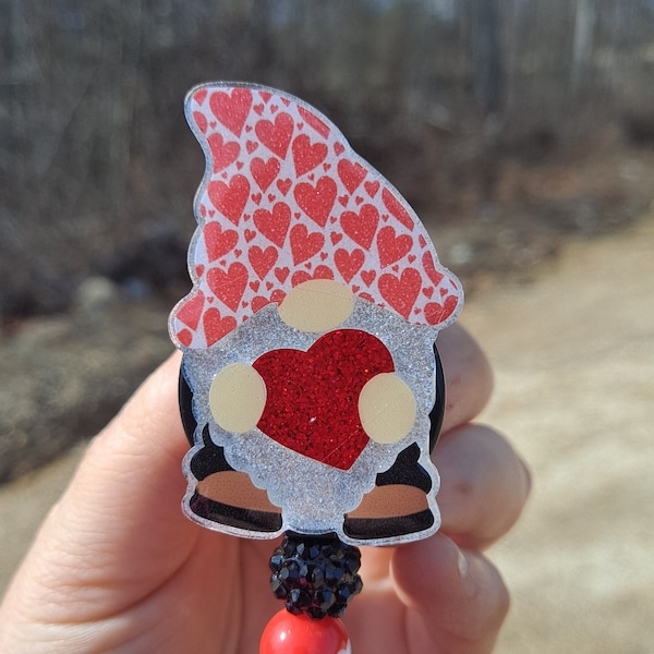 Cute Valentines Day Gnome Work Id Badge Reel Holder Clip.