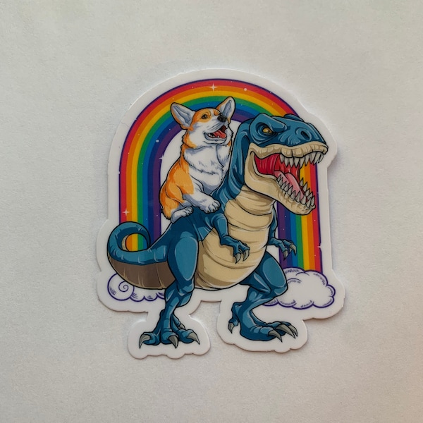 Corgi riding a T Rex sticker /T-Rex dinosaur sticker  / corgi dog sticker  / rainbow sticker / illustrative style sticker/ colourful sticker