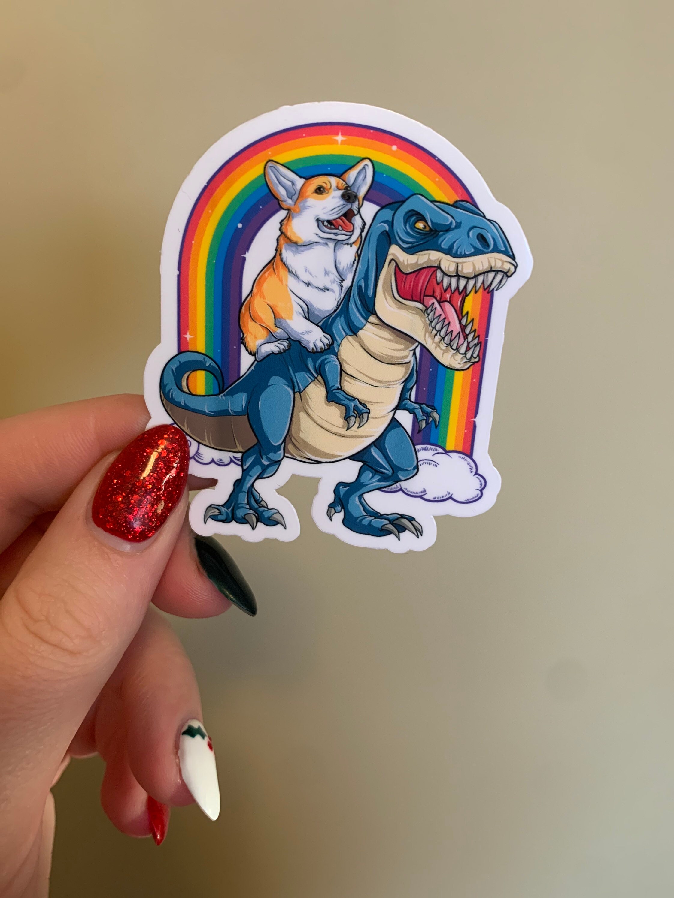 Corgi Riding a T Rex Sticker /t-rex Dinosaur Sticker / Corgi - Etsy