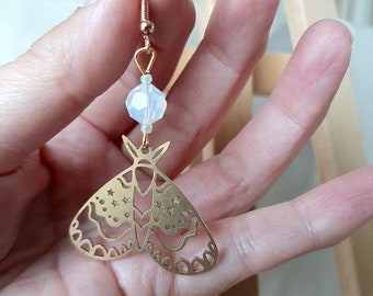 Luna Moth Beaded Drop Earrings with Sparkling Crystal Beads