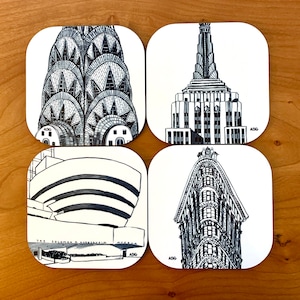Coasters - Set of 4 New York City Iconic NYC Buildings Coasters - New York City Gift, Empire State Building, Chrysler, Flatiron, Guggenheim