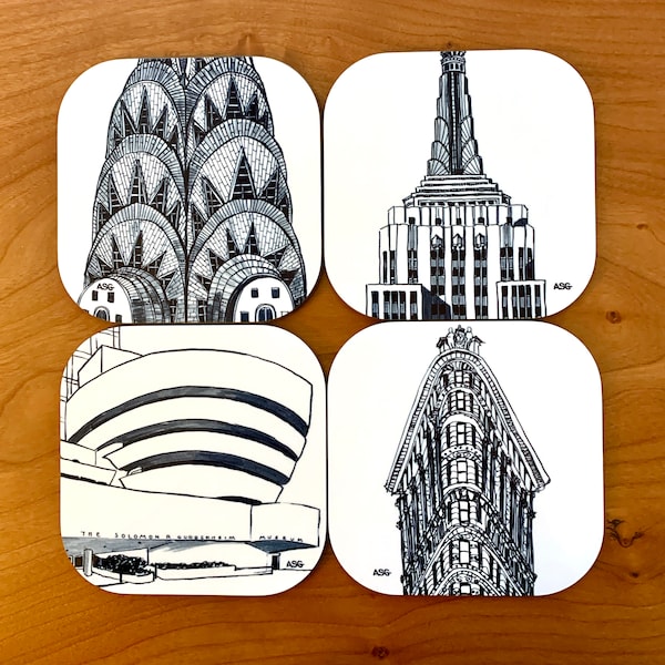 Coasters - Set of 4 New York City Iconic NYC Buildings Coasters - New York City Gift, Empire State Building, Chrysler, Flatiron, Guggenheim
