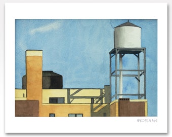 New York City Iconic Skyline Water Tower, Watercolor and Ink