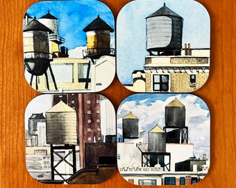 Coasters - Set of 4 New York City Water Towers Coasters - NYC Coasters - New York City Gift - Water Towers - Water Tower Art