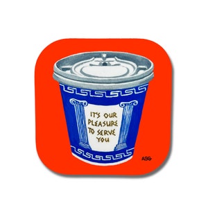 May include: A blue and white coffee cup with a gold inscription that reads "It's our pleasure to serve you". The cup is on a bright orange background.