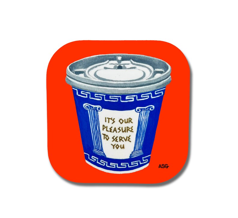 May include: A blue and white coffee cup with a gold inscription that reads "It's our pleasure to serve you". The cup is on a bright orange background.