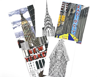 Notecards - Conjunto de 5 cartões em branco sortidos de Nova York - Desenhos à mão exclusivos e divertidos da cidade de Nova York - Presente da cidade de Nova York - Cartões de Nova York