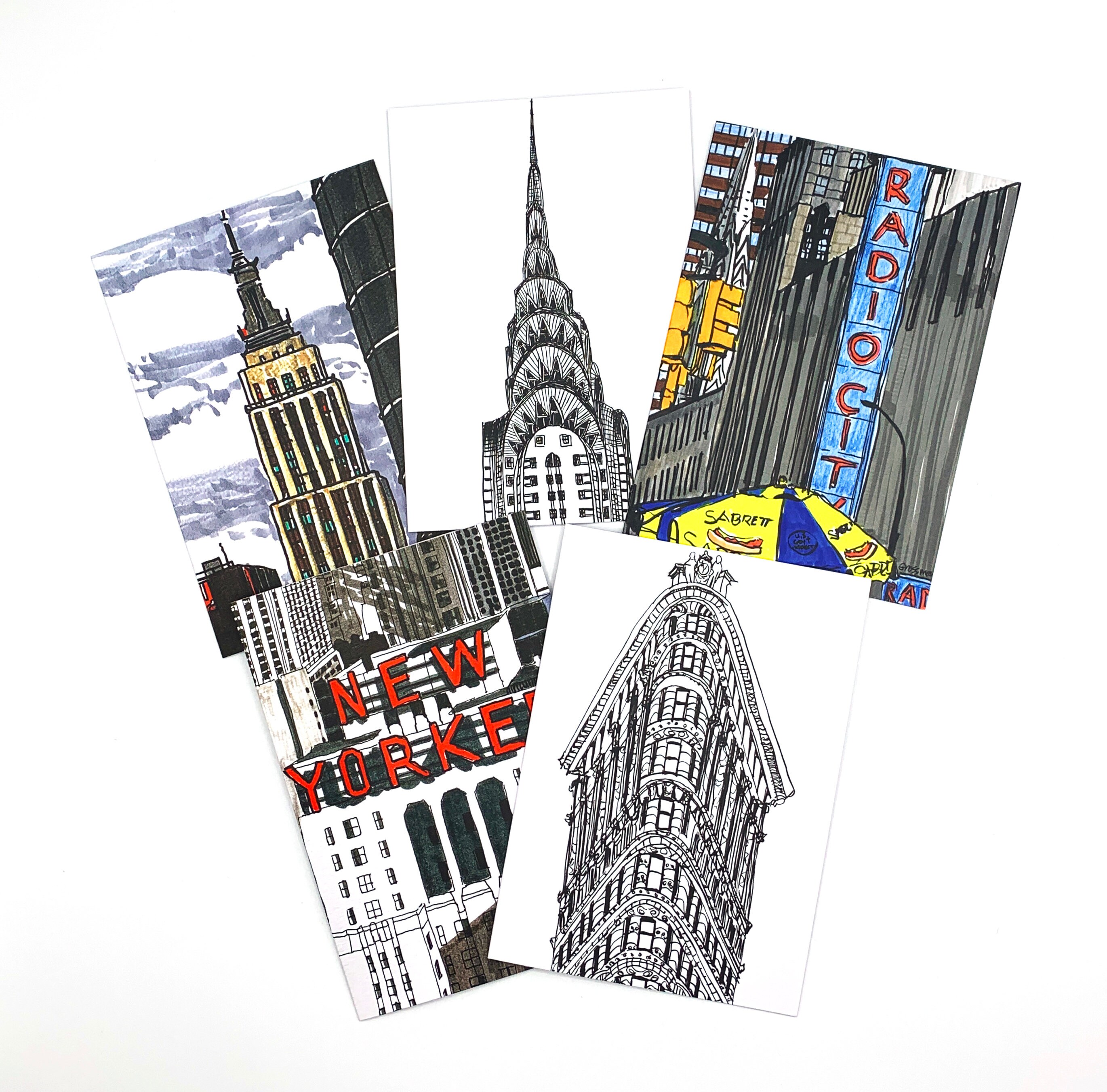 Notecards - Set of 5 Assorted NYC Blank Cards - Unique and fun Hand Drawings of New York City - New York City Gift - NYC Cards