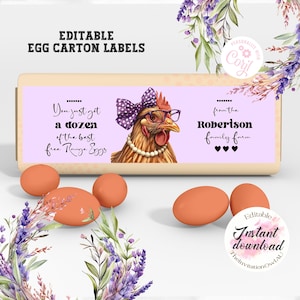 Bewerkbare sjabloon voor eierdoosetiket. Digitaal ontwerp voor personalisatie en bedrukking. Een leuke manier om je eieren te presenteren