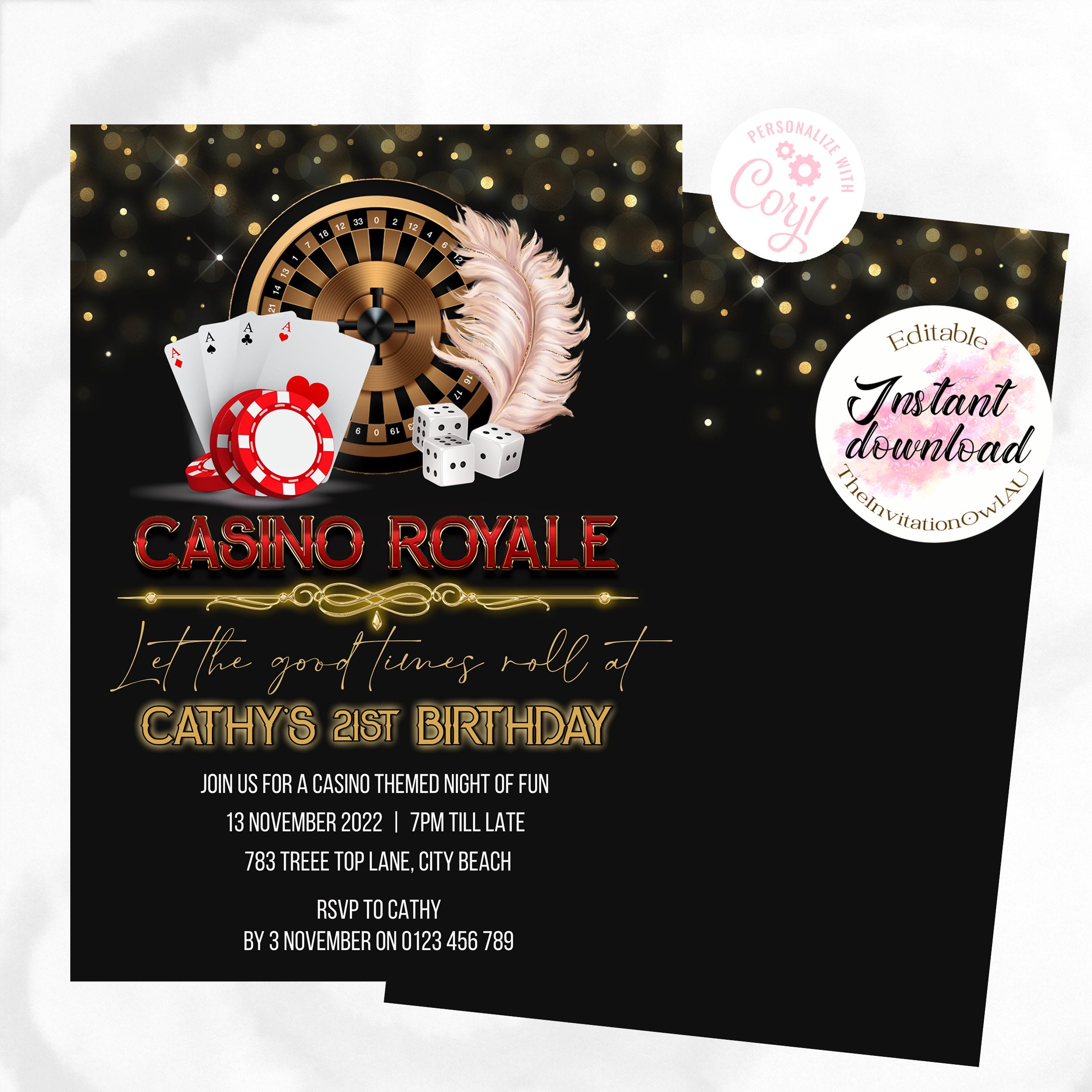 Casino Royale Party Invitation 5x7 or 4x6 Sized EDITABLE Etsy