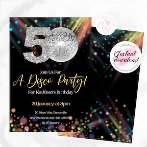 Dance the night away 50th/40th/60th/70th Disco Party Invitation Silver, INC Ticket style design.  5"x7" or 4"x6" sized EDITABLE TEMPLATE