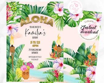 Aloha Hawaiian Party Invitation.  5"x7" or 4"x6" sized EDITABLE TEMPLATE, birthday, luau, summer party