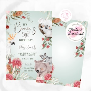 Australian Animals Invitation, cute animals Australiana 5x7 or 6x4 sized EDITABLE TEMPLATE, Child&#39;s Birthday Party, first birthday