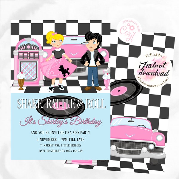 Shake Rattle and Roll 50's Party Invitation, 5x7 or 4x6 sized EDITABLE TEMPLATE, Birthday Party, sock hop, fifties, diner party