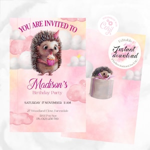 Sweet Hedgehog Invitation,  5x7 or 6x4 sized EDITABLE TEMPLATE, Child&#39;s Birthday Party, girl&#39;s birthday