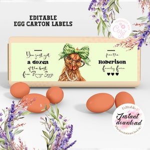 Bewerkbare sjabloon voor eierdoosetiket. Digitaal ontwerp voor personalisatie en bedrukking. Een leuke manier om je eieren te presenteren