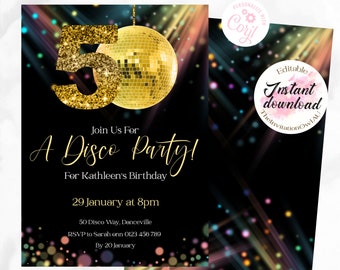 Dance the night away 50th/40th/60th/70th Disco Party Invitation Gold, INC Ticket style design.  5"x7" or 4"x6" sized EDITABLE TEMPLATE