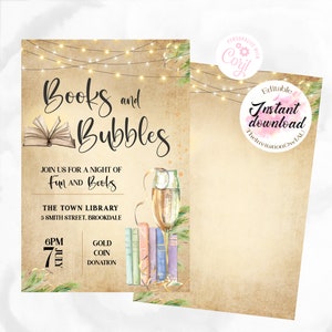 Books and Bubbles Party Invitation,  EDITABLE TEMPLATE, book club, book party, author event