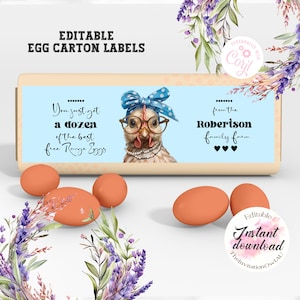 Bewerkbare sjabloon voor eierdoosetiket. Digitaal ontwerp voor personalisatie en bedrukking. Een leuke manier om je eieren te presenteren