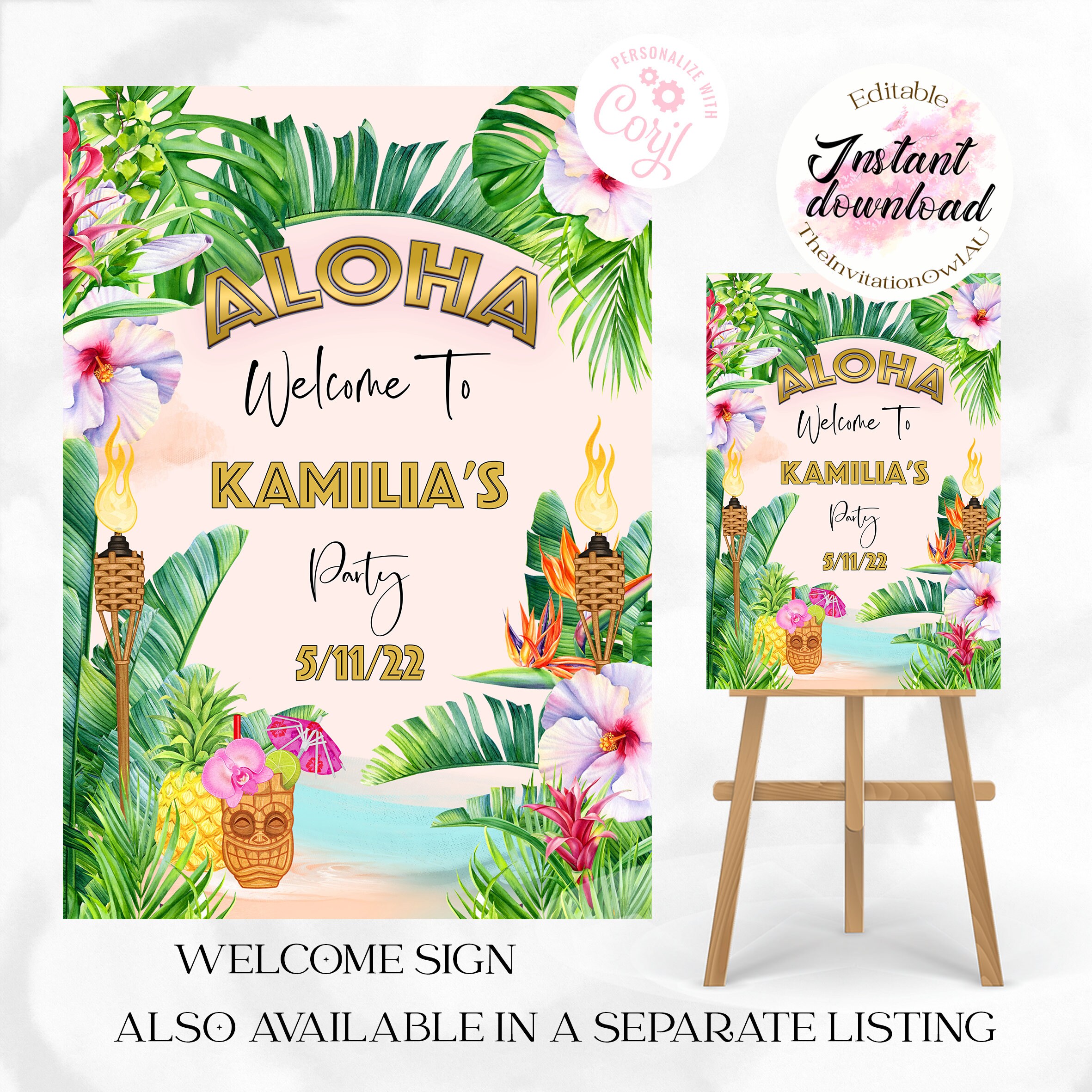 Aloha Hawaiian Party Invitation. 5x7 or 4x6 Sized EDITABLE TEMPLATE