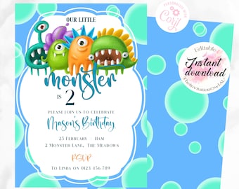 Little Monster Invitation  5x7 or 6x4 sized EDITABLE TEMPLATE, Child's Birthday Party, first birthday, second birthday