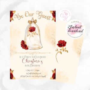 Be Our Guest Invitation, 5&quot;x7&quot; or 4&quot;x6&quot; EDITABLE TEMPLATE, Birthday Party, Beauty and the Beast