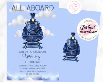 All Aboard train themed invitation, EDITABLE TEMPLATE 5x7 or 4x6 size, Child's Birthday Party, boys birthday