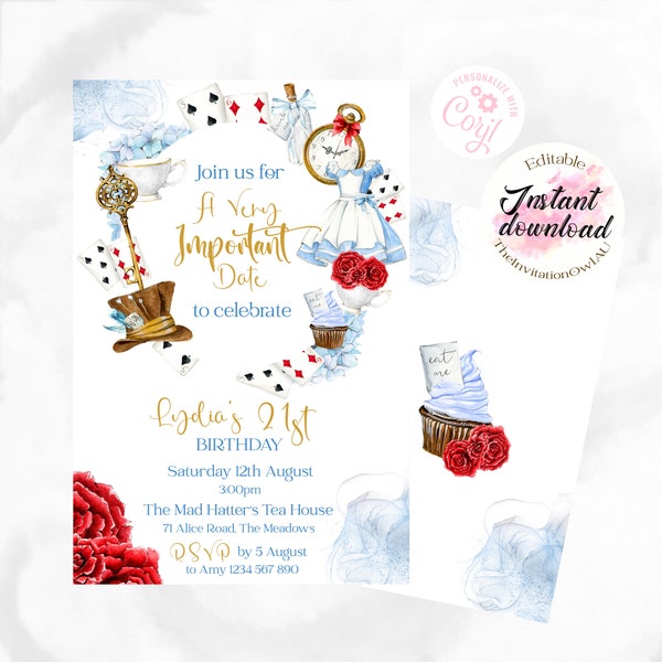 Alice in Wonderland themed Invitation with FREE cupcake and straw toppers, 5x7 or 4x6 sized EDITABLE TEMPLATE , High Tea, Birthday Party