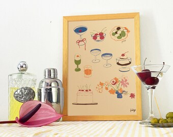 Food and Dinnerware Illustration in Soft Colors | Decorative Art Print for Kitchen or Dining Room | Cheers & Bouquets