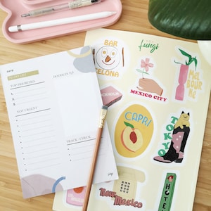 SET geïllustreerde stickers + A5 Planner Kladblok | Stickers met reisthema | Agenda, Bullet Journal en Laptop | Briefpapier