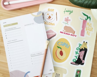 SET Illustrated Stickers + A5 Notepad Planner |  Decorative Travel Stickers + To Do List | Bullet Journal, Laptop & Stationery