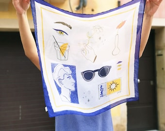 100% Silk Printed Scarf |  Multi-Purpose Accessory Foulard with Colorful Illustration |  "Blue Coast"