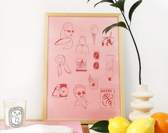 Fashion Illustration in Pink Tones | Danish Pastel Decor | Decorative Print | "Pink Skies Ahead"