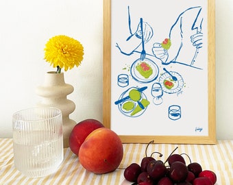Food Illustration Art in Colorful Tones | Decorative Art Print with Dinnerware Motifs | Dinner Parties Sobremesa