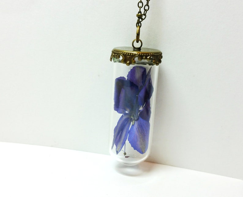 Pressed Flower Necklace, July Birth Month Flower, Pink Larkspur, Blue
