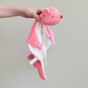 Pink Bear Lovey Baby Security Blanket, Very Soft with Colorful Heart Muslin, Personalized with Name, Thoughtful Gift for 1 Year Old