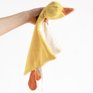 Yellow duck baby lovey blanket, custom muslin blanket gender neutral baby gift
