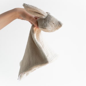 Personalized animal lovey. Bunny baby lovey very soft muslin and bamboo. Baby toys 6-12 months.