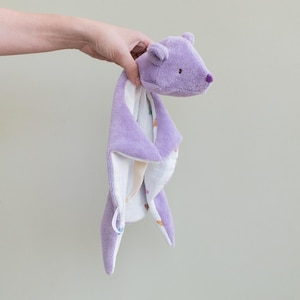 Purple Bear Lovey Plush Security Blanket, Personalized Baby Lovey with Embroidery, Soft Newborn Comfort, Perfect 1st Birthday Gift