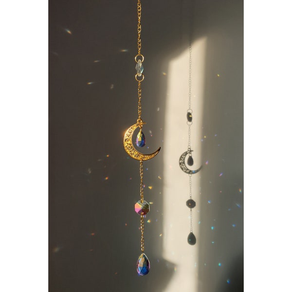 Mond Suncatcher Sonnenfänger Lichtfänger Regenbogen Glasperlen Fensterdeko gold Halbmond