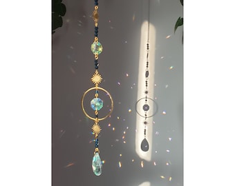 Suncatcher, sun catcher, light catcher, rainbow glass beads, window decoration, sun, sunshine, blue beads, prism, Wicca Witch, crystal, boho